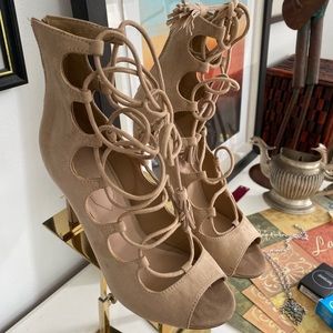 Suede Open Toe High Heal Light Brown Shoes Size 8